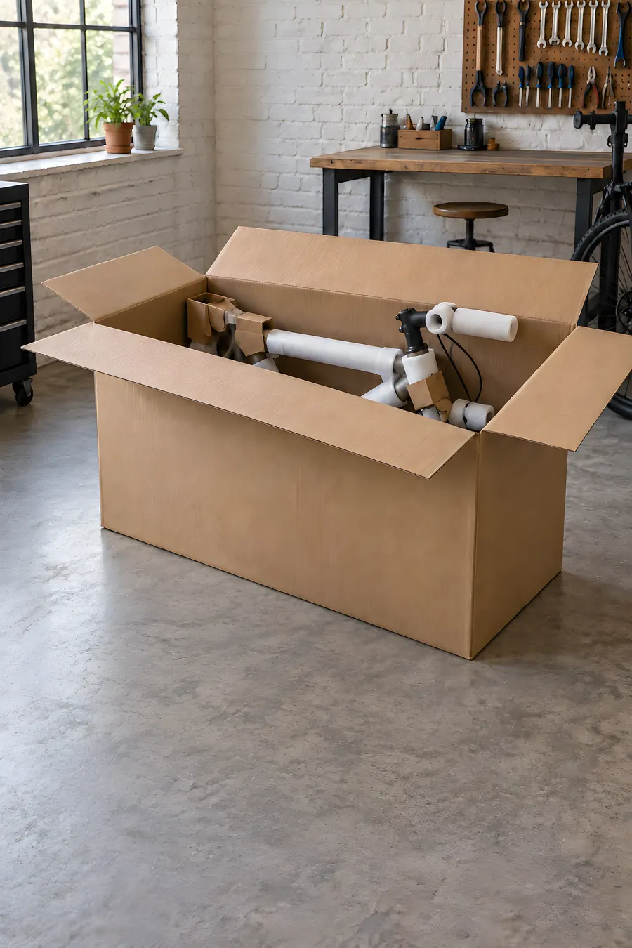 Geöffneter Versandkarton mit einem verpackten Fahrradrahmen in der Werkstatt